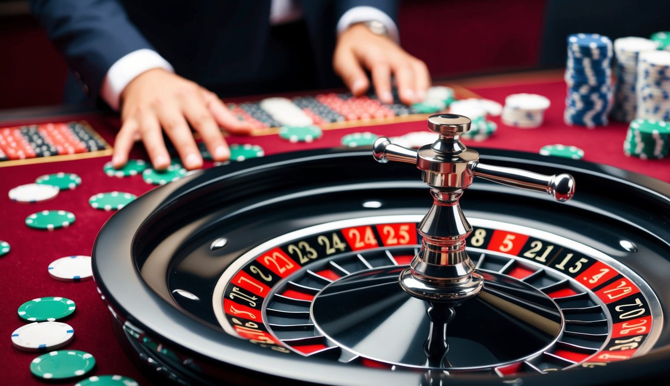 Roda roulette berputar dengan chip yang tersebar di sekitarnya, sementara seorang pemain merencanakan strategi untuk menang secara online