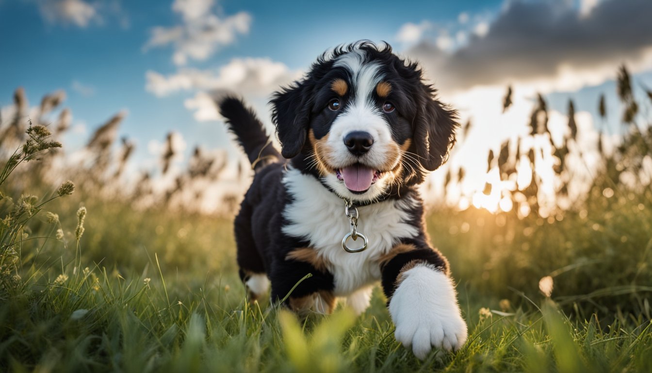 A mini Bernedoodle with a wavy black and white coat playing in a grassy field under a bright blue sky