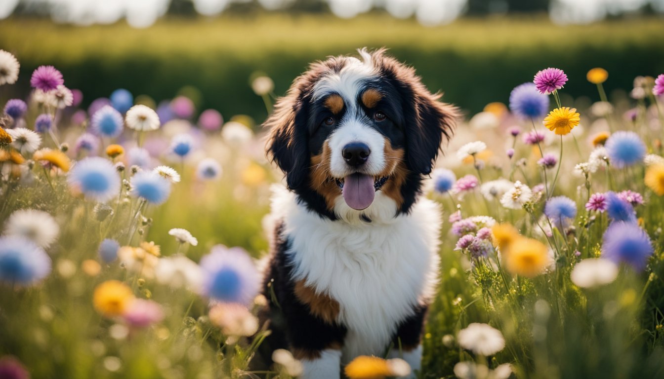 A fluffy Mini Bernedoodle with a tricolor coat stands on a grassy field, surrounded by colorful flowers and a clear blue sky