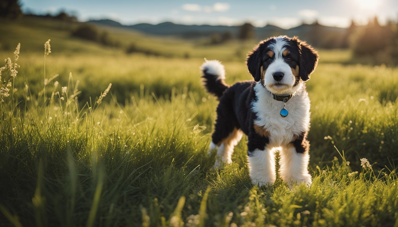 A mini Bernedoodle with a tricolor coat standing in a grassy field under a bright blue sky