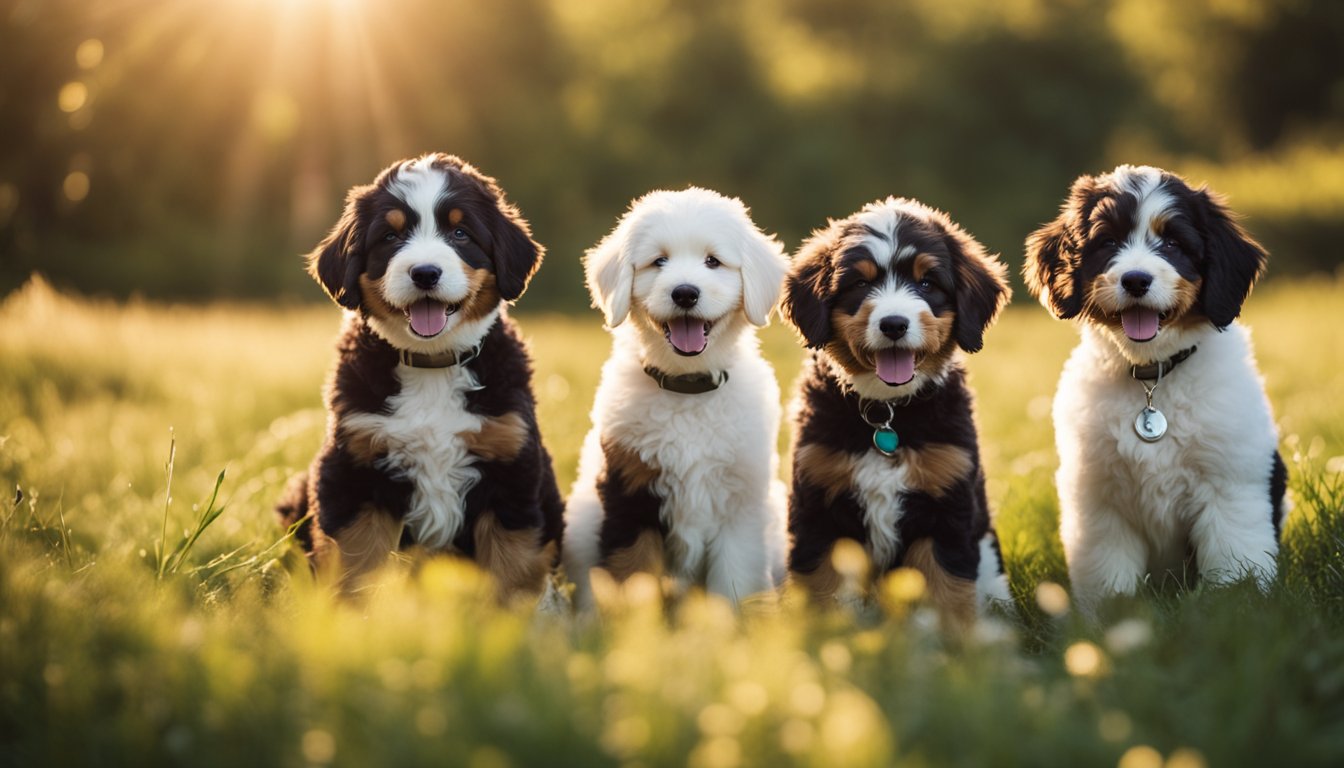 A group of mini Bernedoodles with varying coat colors and types playing in a grassy field under the warm sunlight