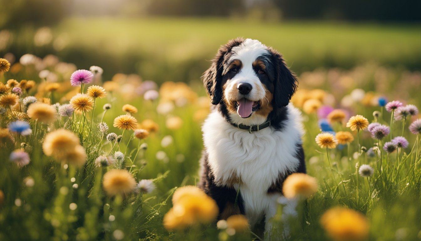 A mini Bernedoodle with a fluffy tricolor coat stands in a field of green grass, surrounded by colorful flowers and a bright blue sky