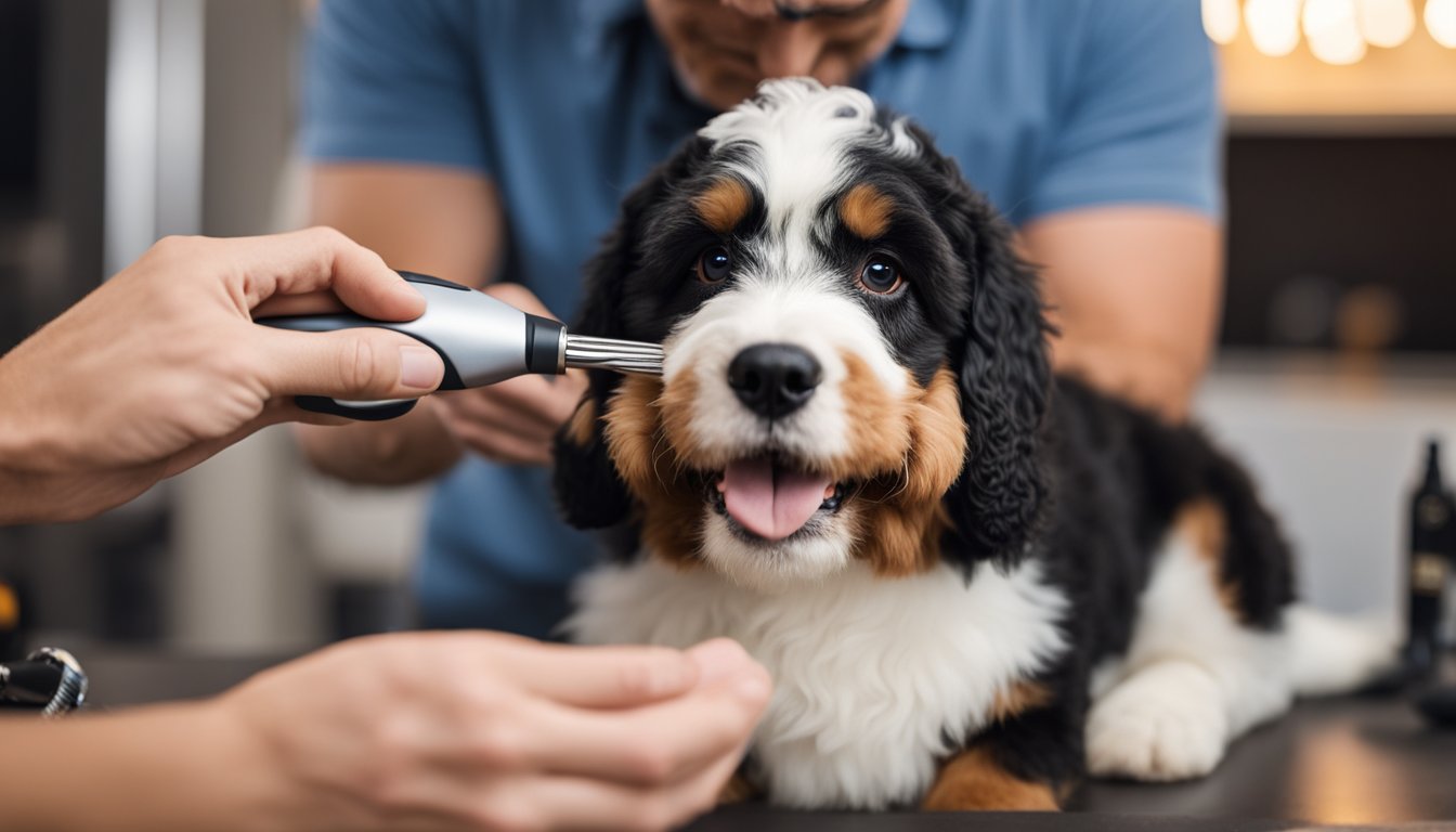 A Mini Bernedoodle with a tri-color coat being brushed by a groomer