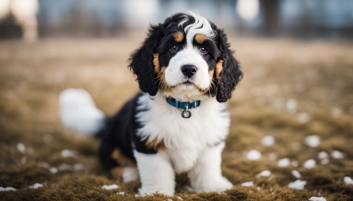 A mini Bernedoodle with various coat colors and textures surrounded by images of common health concerns linked to coat types