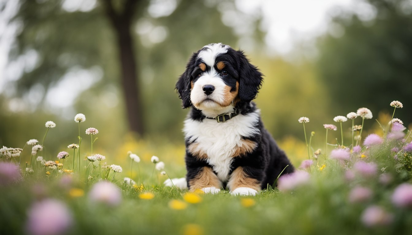 A Mini Bernedoodle with a tricolor coat, sitting on a grassy field, surrounded by flowers and trees