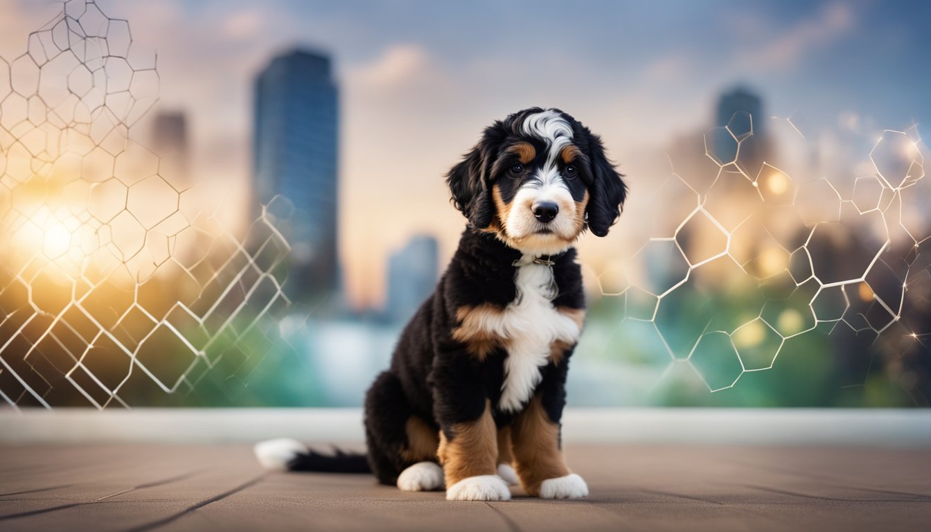 A Mini Bernedoodle with a unique coat pattern stands next to a DNA double helix, symbolizing the role of genetics in future coat development