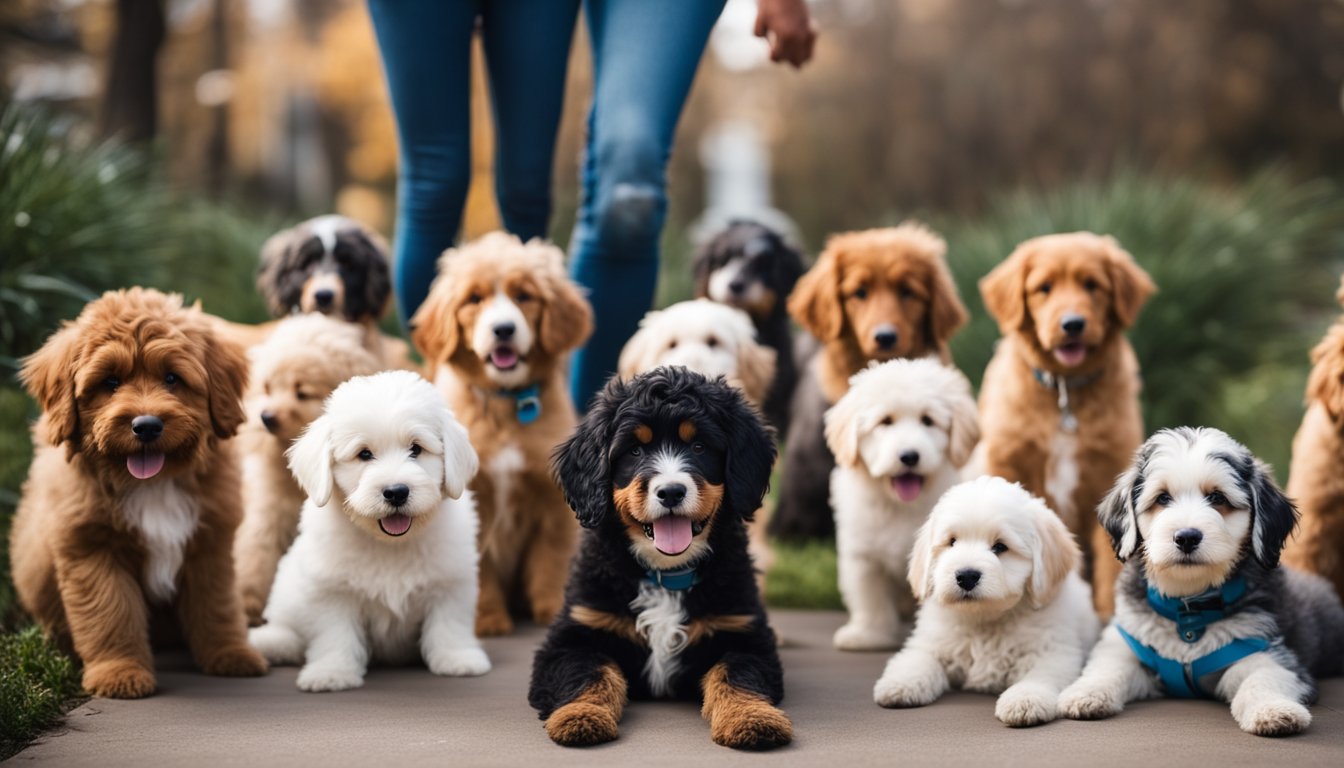 A playful Mini Bernedoodle surrounded by various coat types and colors, with a curious expression