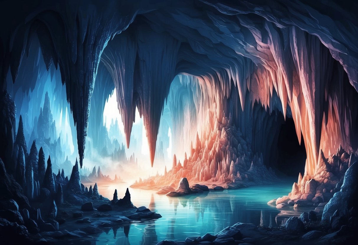A dark cave with stalactites and a narrow entrance