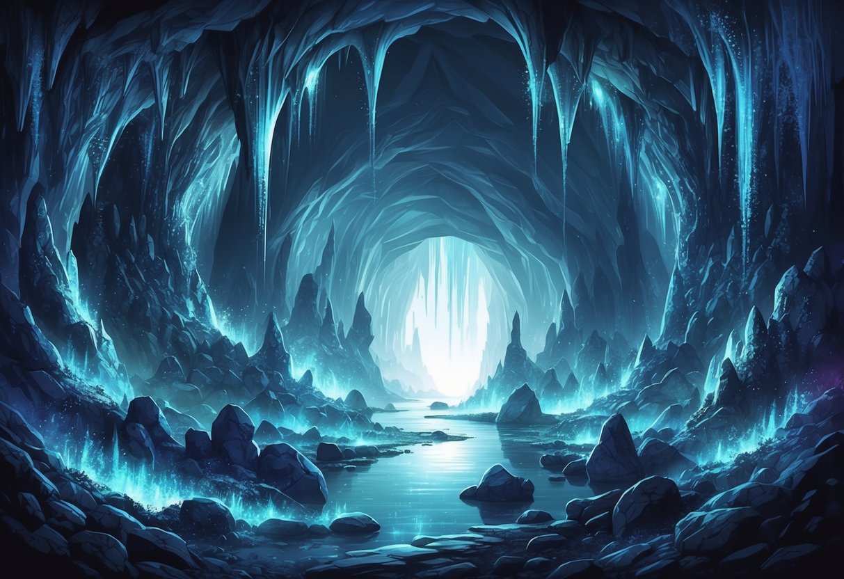 A dimly lit cave with intricate rock formations and shimmering mineral deposits
