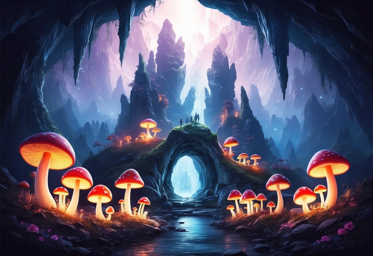 A mystical cave entrance surrounded by glowing mushrooms and towering rock formations