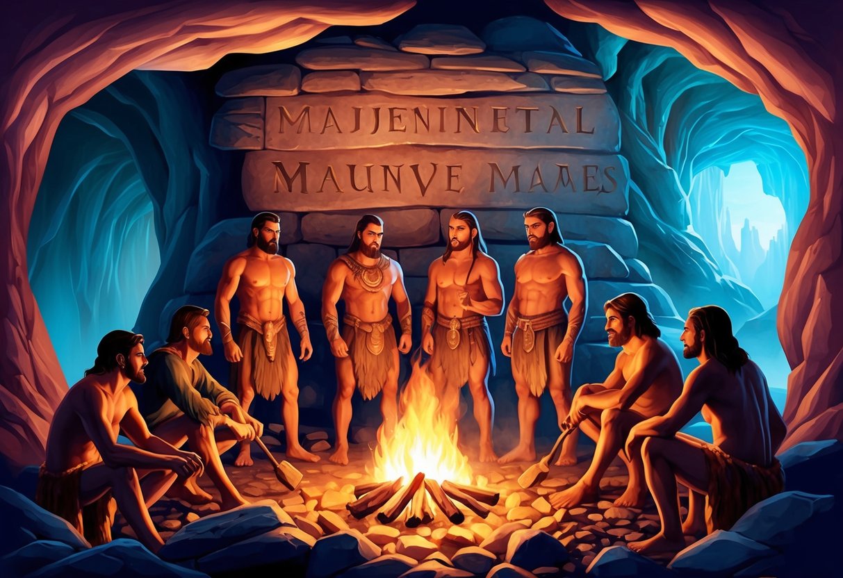 A group of male cave dwellers gather around a fire, each with a unique name carved into the stone wall behind them