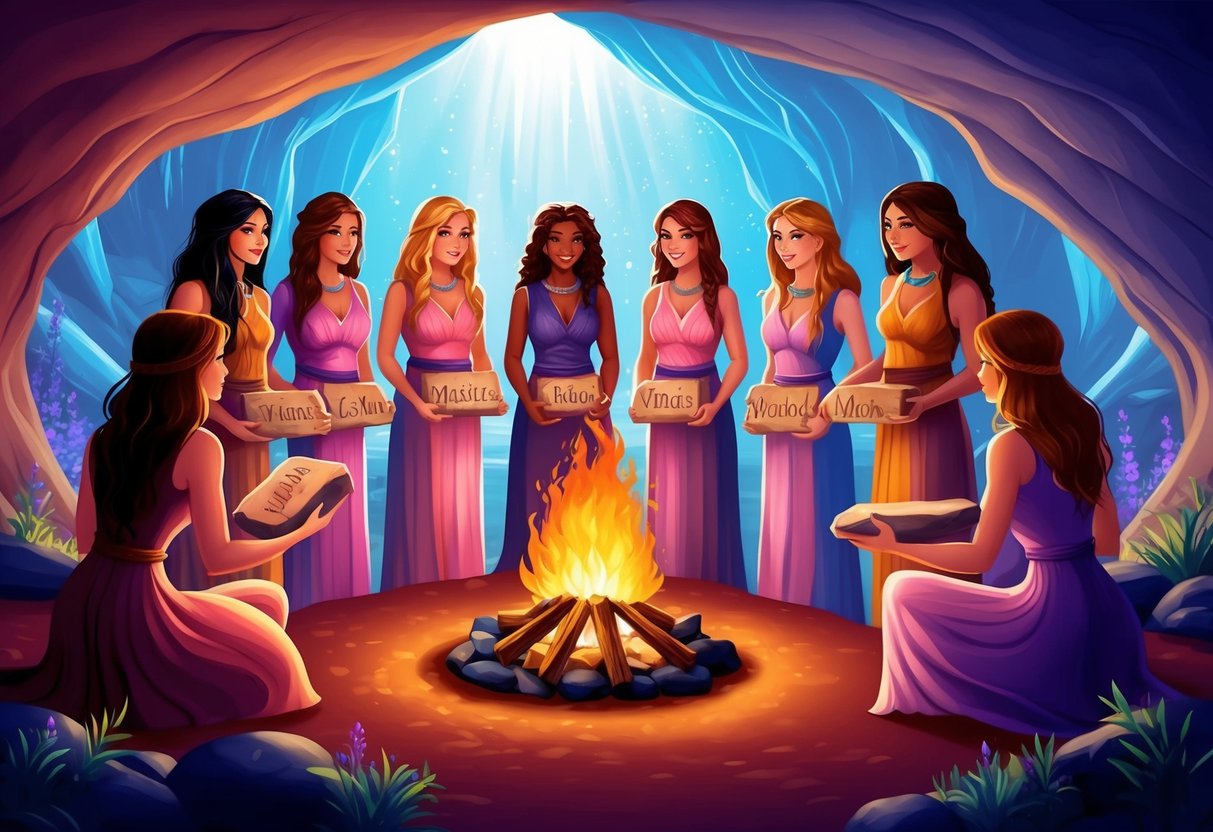 A group of female cave dwellers gather around a fire, each holding a unique stone tablet with a name etched into it