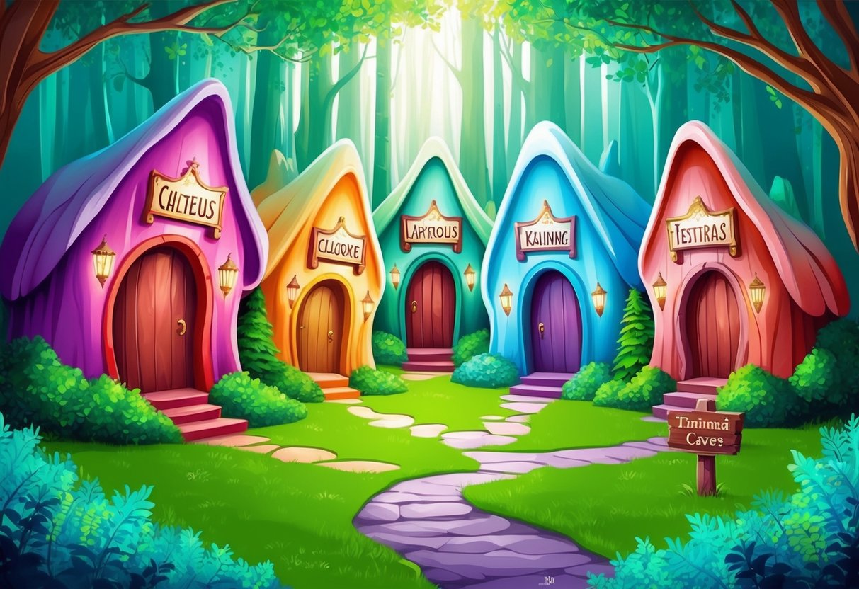 A group of colorful, whimsical caves nestled in a lush, green forest, each with its own unique and catchy name displayed on a sign outside