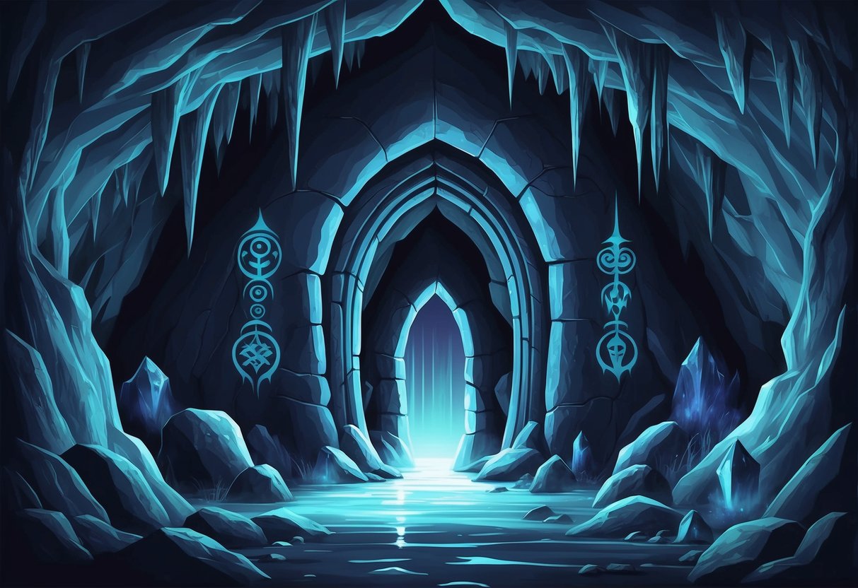 A dark, eerie cave entrance with strange, mystical symbols etched into the rock walls