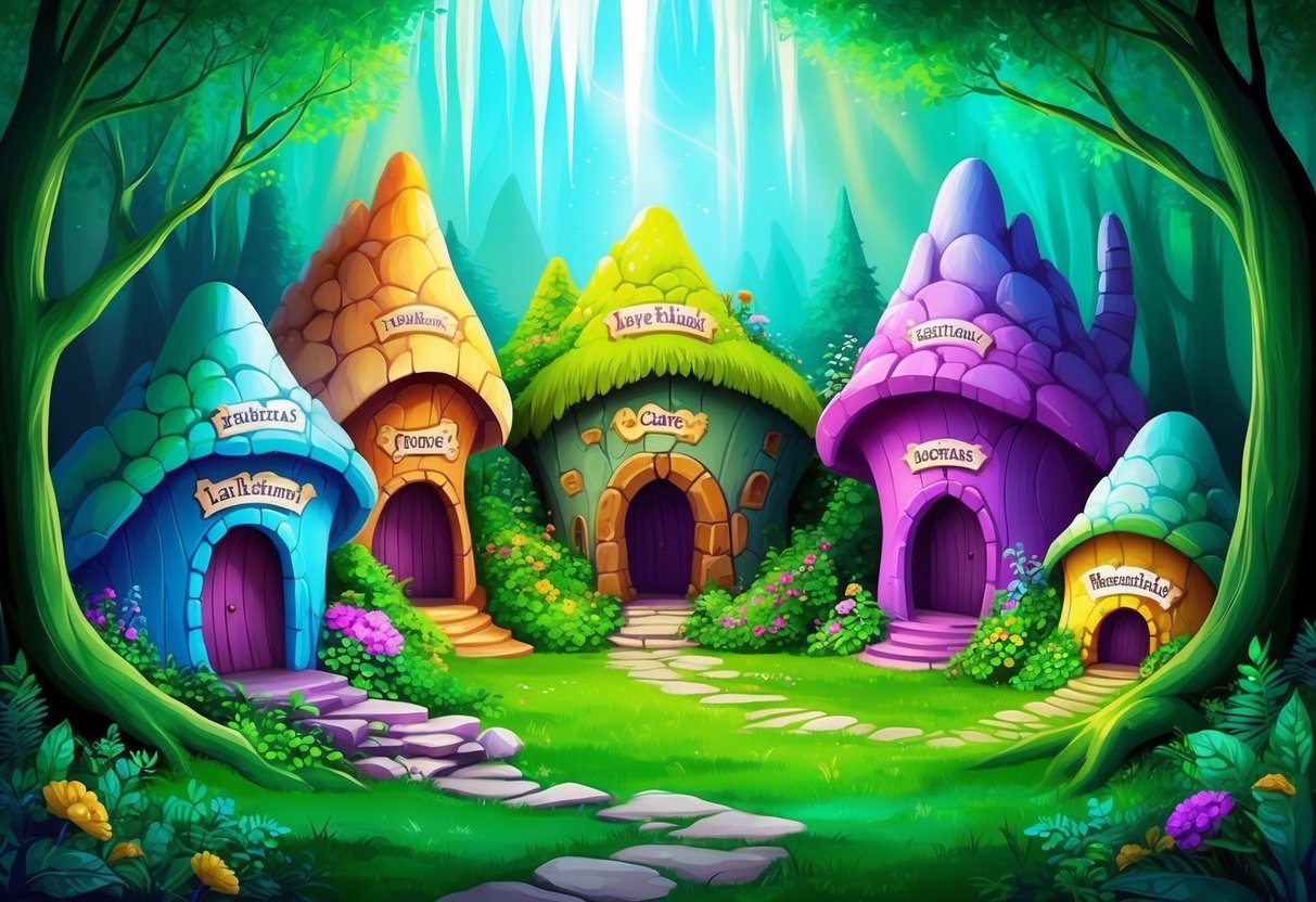 A group of colorful, whimsical caves with amusing names, nestled in a lush, green forest