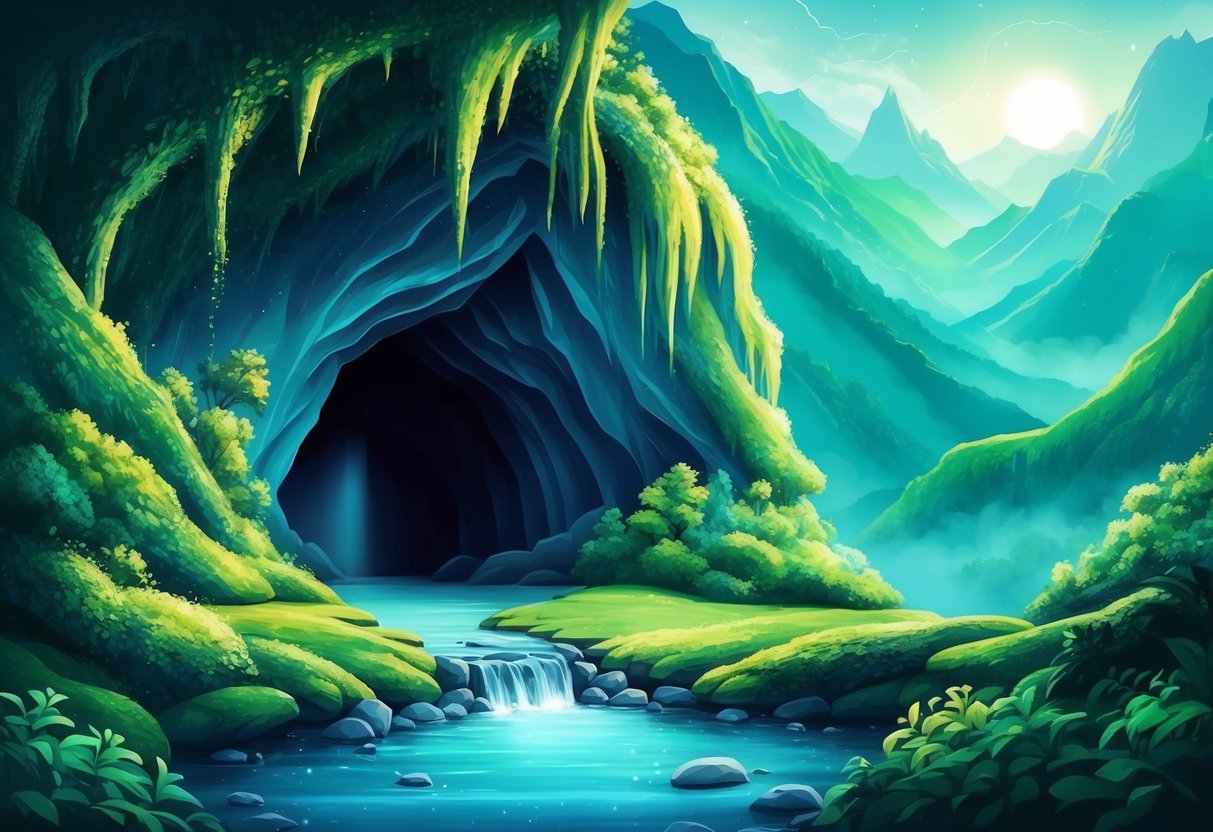 A tranquil cave entrance nestled within lush green mountains, with a clear stream flowing out from the darkness