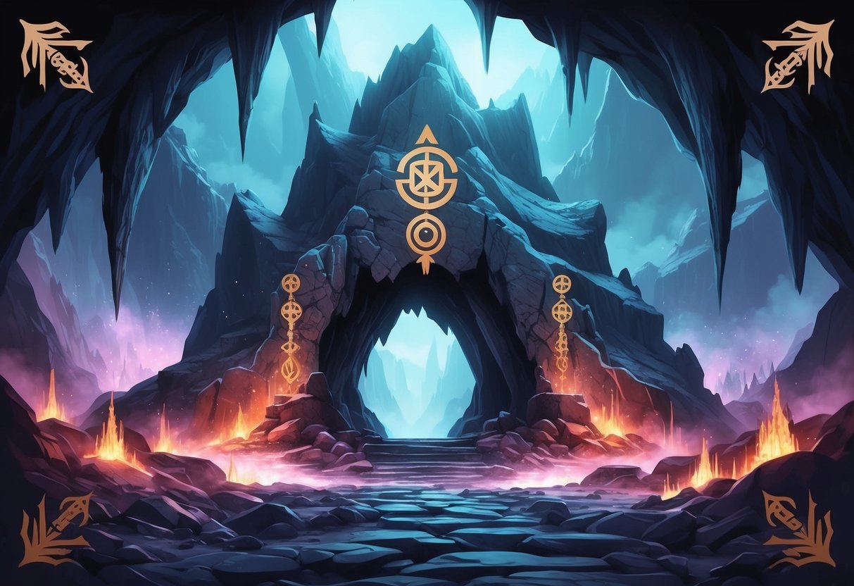 A rugged cave entrance adorned with ancient symbols and ominous shadows