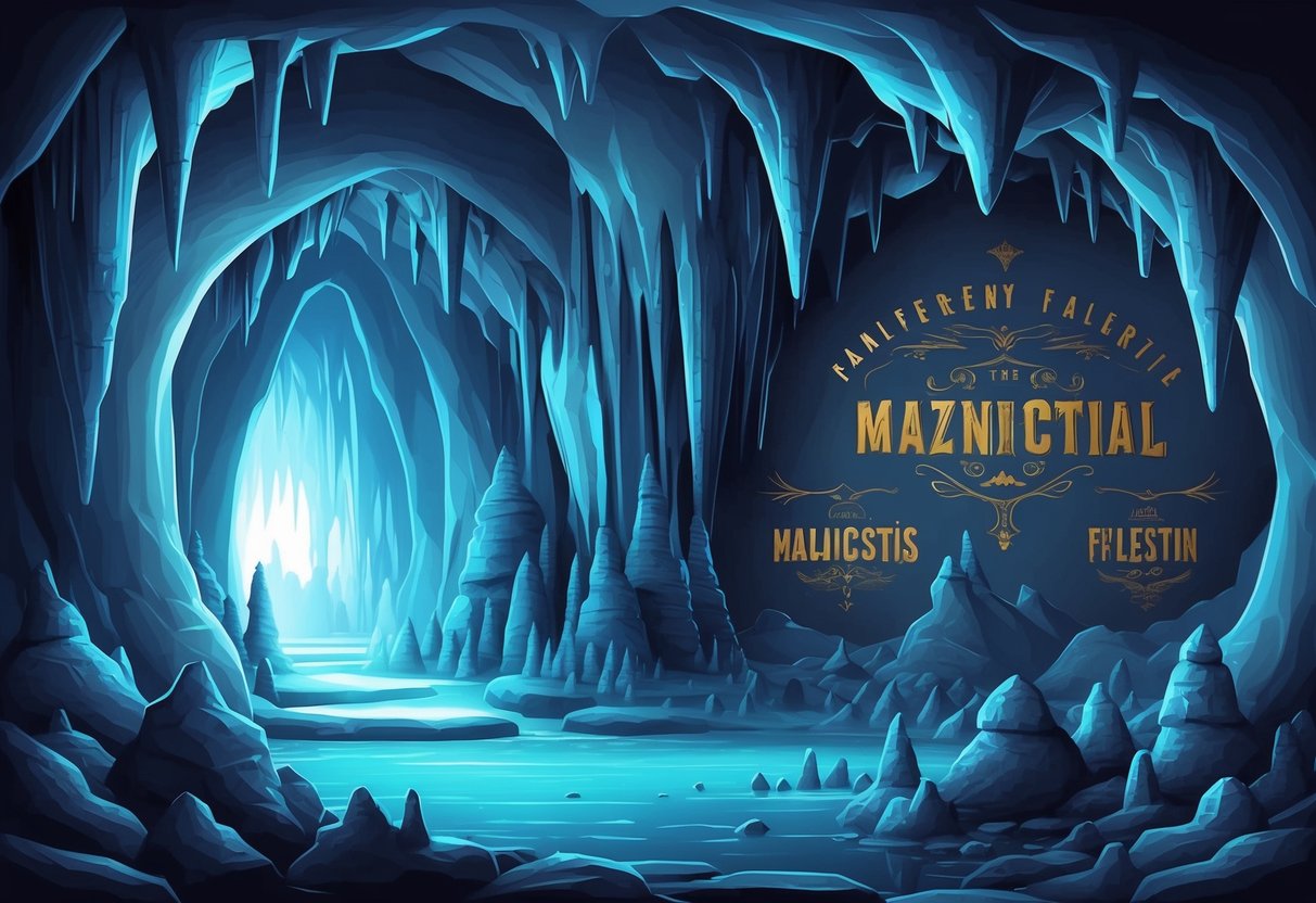A dimly lit cave with stalactites and stalagmites, featuring famous cave names engraved on the walls