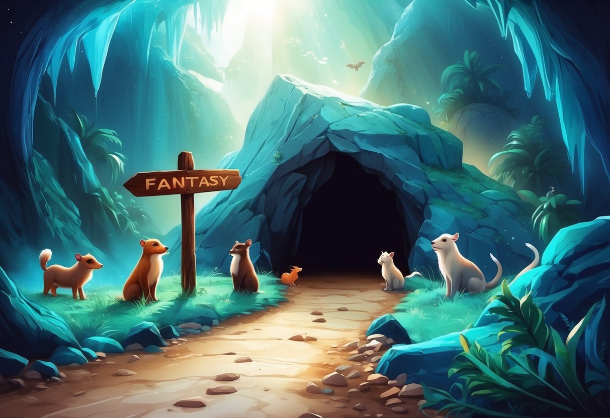 A cave entrance with a signpost surrounded by curious animals