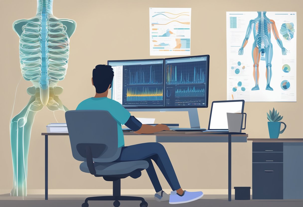 Osoba siedzi, grymasząc z bólu, trzymając się za dolną część pleców. Na pobliskim ekranie komputera wyświetlany jest medyczny diagram kręgosłupa i nerwów.