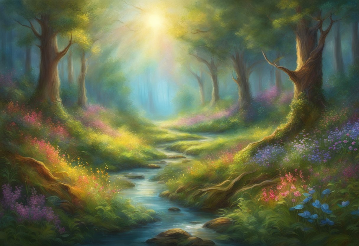 A serene forest clearing with sunlight filtering through the trees, a bubbling stream, and vibrant wildflowers in the foreground