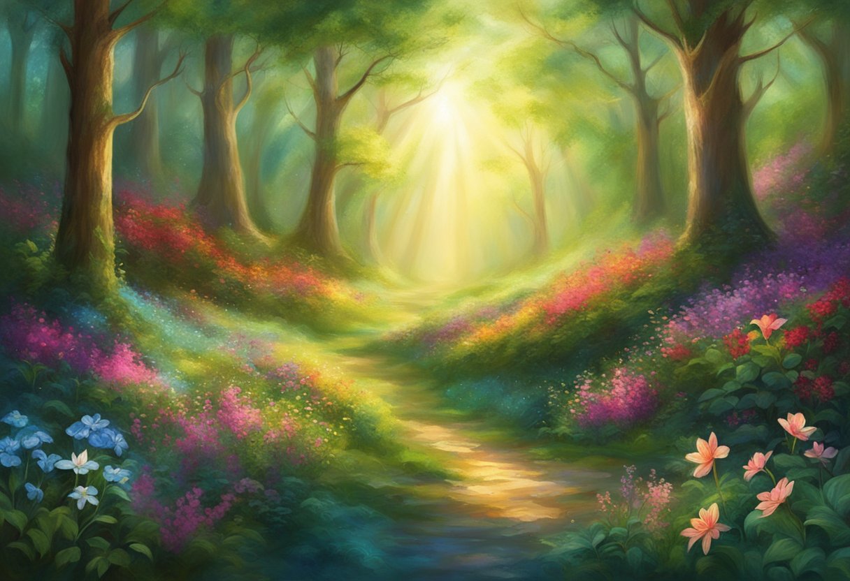 A tranquil forest clearing with sunlight streaming through the trees, surrounded by vibrant flowers and lush greenery, exuding a sense of peace and rejuvenation