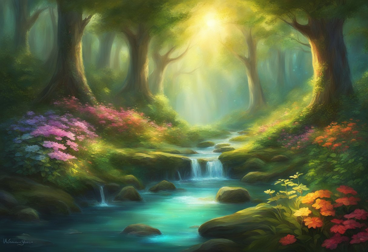 A serene forest clearing with a gentle stream, colorful flowers, and vibrant greenery, surrounded by tall, ancient trees. The sunlight filters through the leaves, creating a peaceful and rejuvenating atmosphere