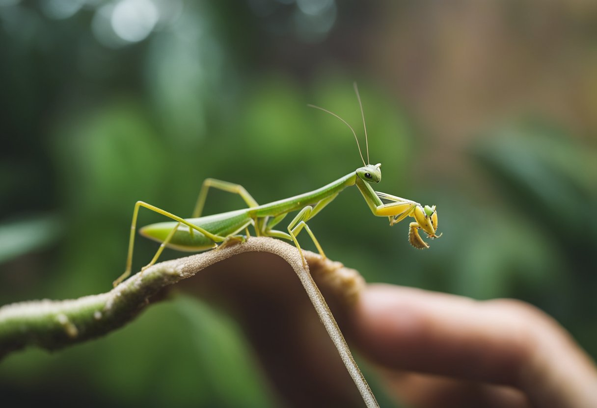 A person overfeeding a mantis, using the wrong enclosure size, keeping the habitat too dry, handling the mantis too much, and not providing proper ventilation