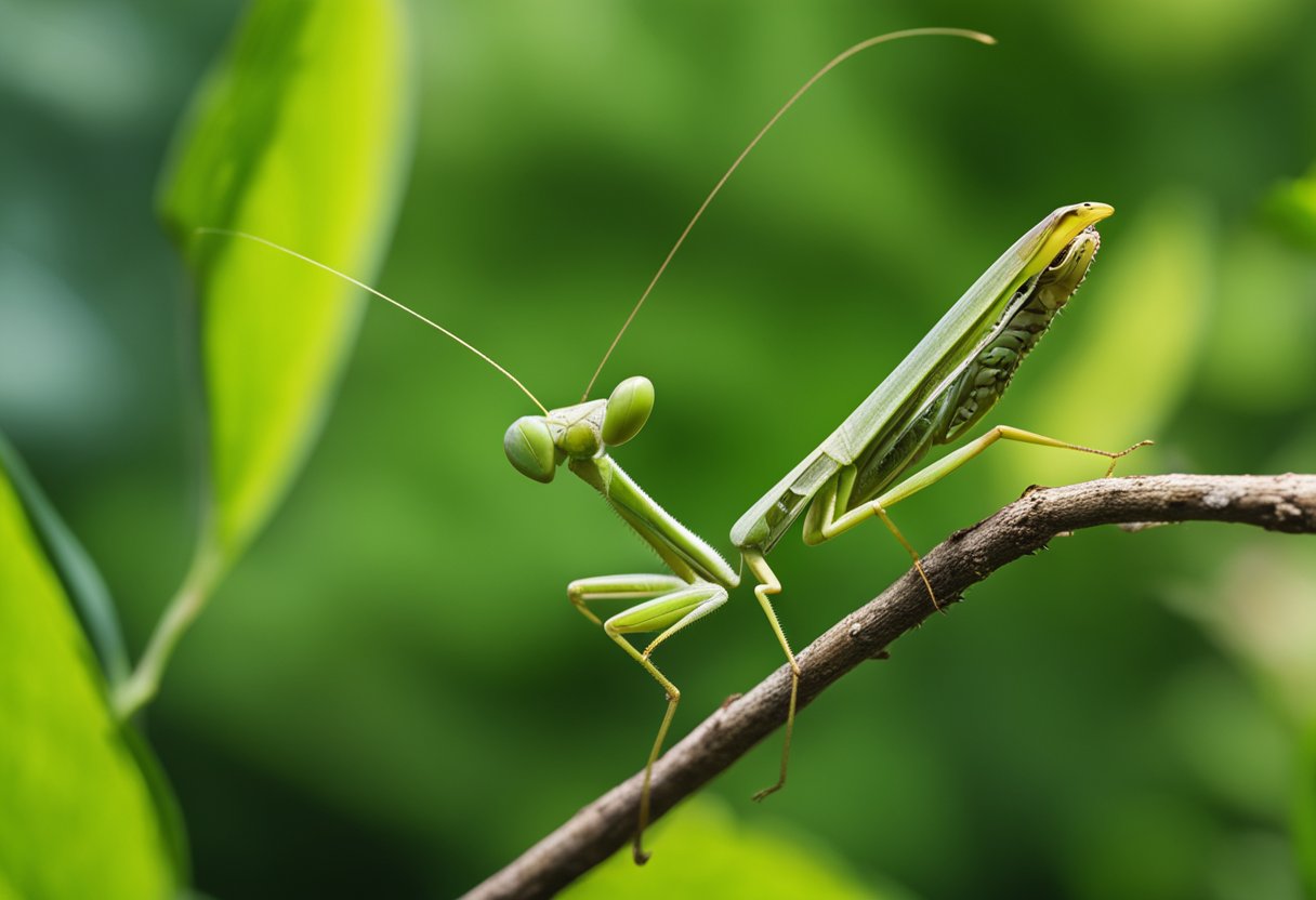 A mantis perched on a branch, with a backdrop of lush green foliage. It is shown in its natural habitat, with a focus on its unique physical features