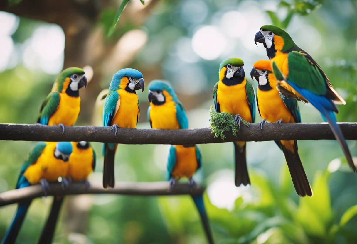 Colorful pet birds perch on a variety of branches, chirping and fluttering in a vibrant aviary setting
