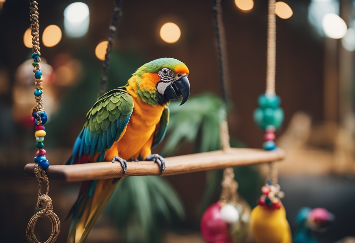 A colorful parrot perched on a wooden swing, surrounded by toys and a variety of perches in a spacious and well-lit birdcage