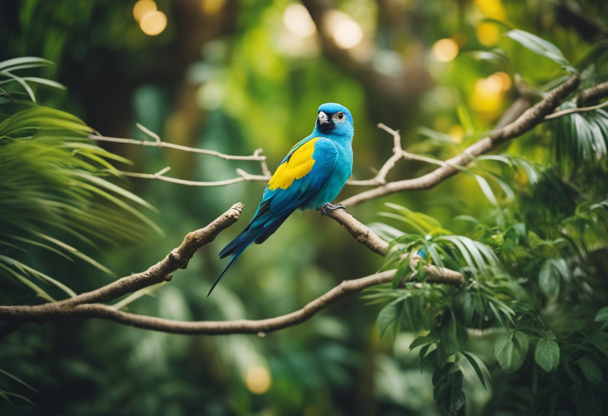 A colorful array of popular pet bird species perched on various branches in a lush, vibrant aviary