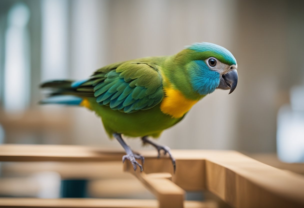 A variety of pet birds engage in training exercises, perched on wooden stands in a spacious, well-lit room
