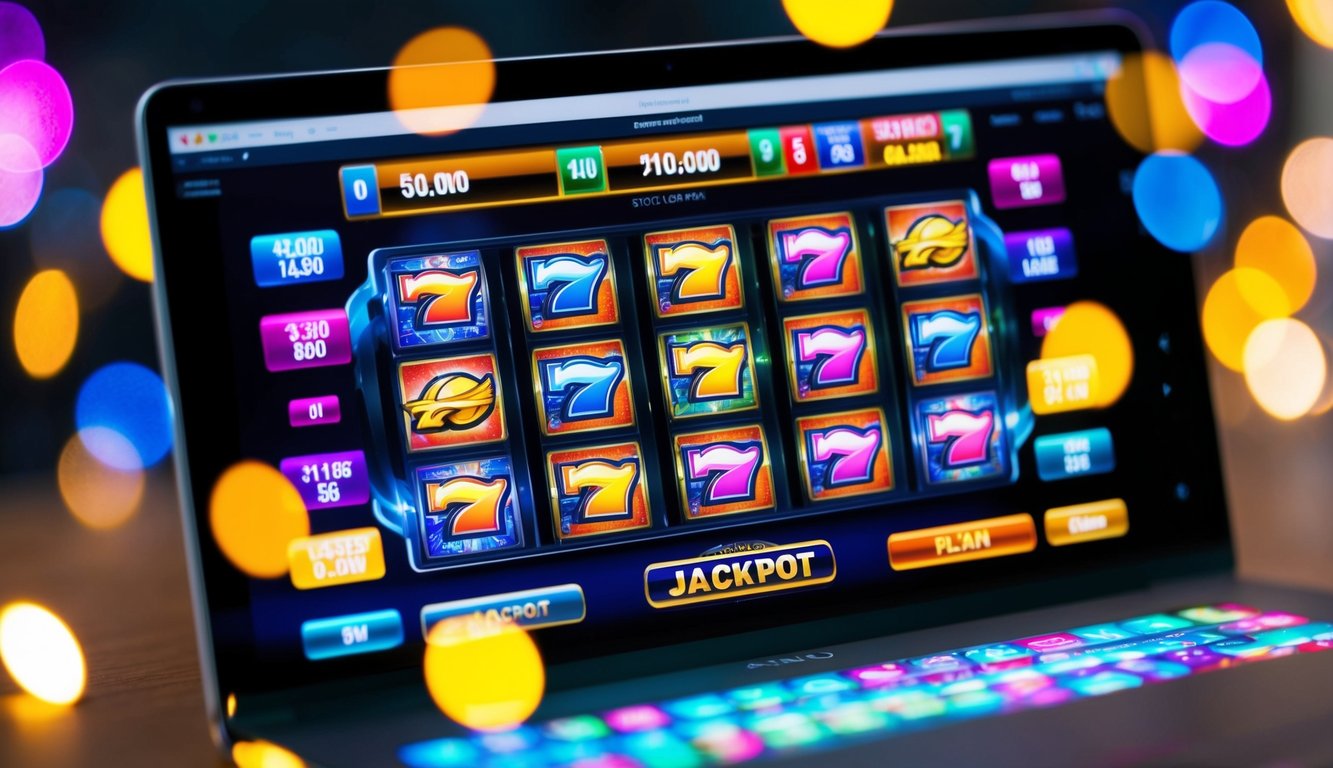 Mesin slot online yang berwarna-warni dengan tampilan jackpot yang bersinar, dikelilingi oleh antarmuka yang ramping dan modern