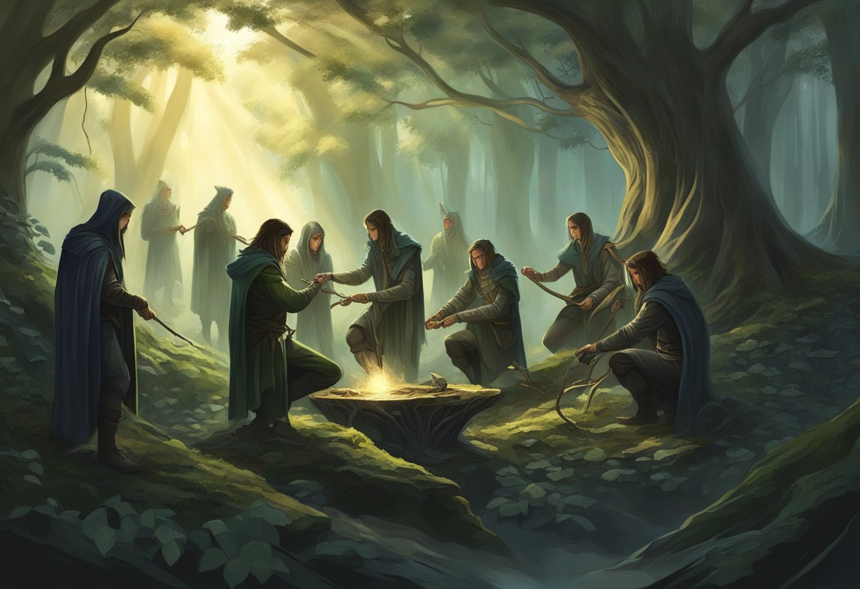 A group of elven craftsmen forging intricate rings in a mystical forest. A dark presence looms nearby, casting a shadow over their work