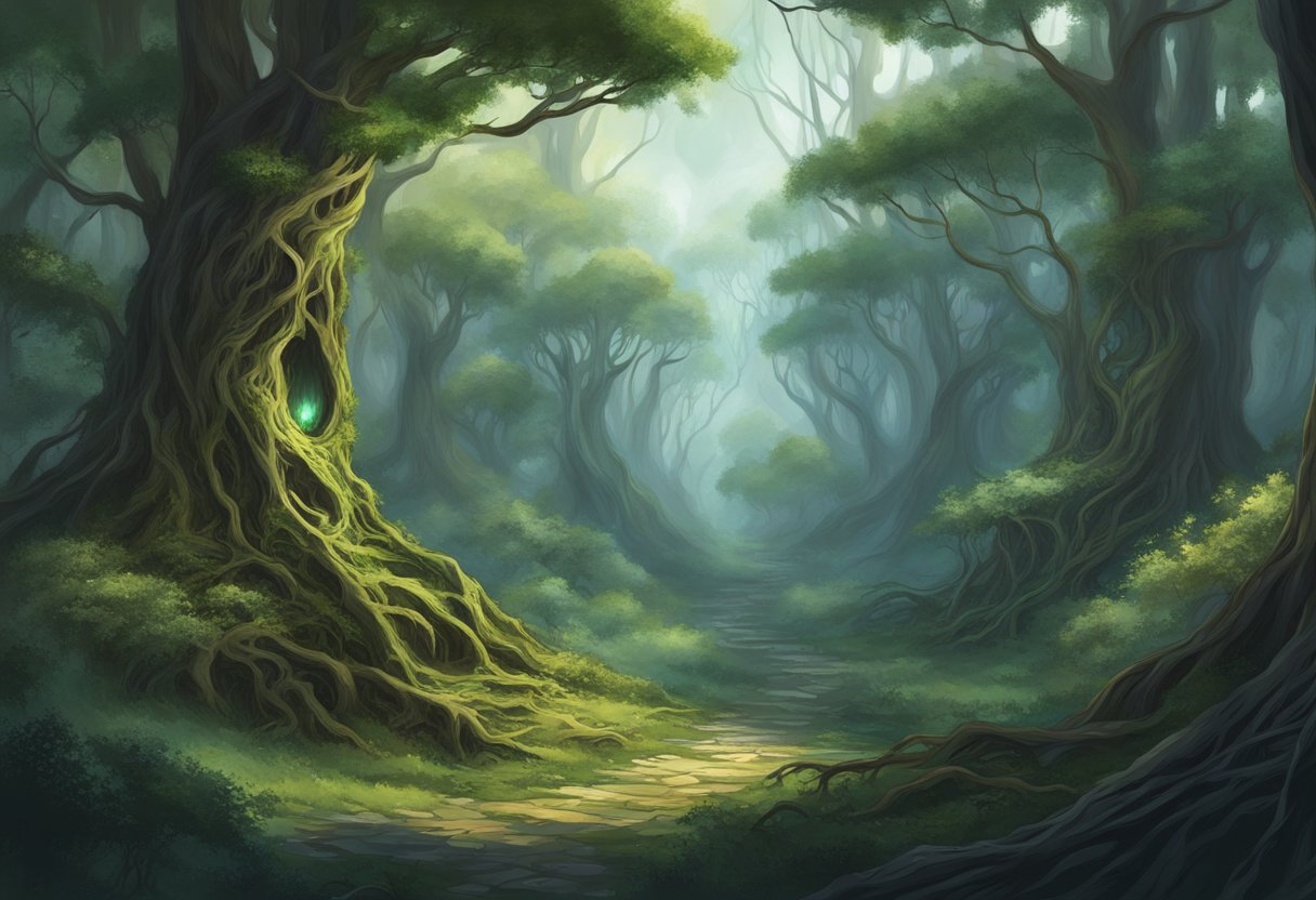 The elven rings emit a dark, twisting energy, corrupting the lush forest around them as ancient trees wither and decay