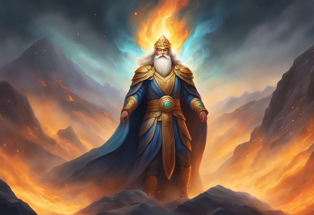 A majestic figure emerges from a fiery mountain, surrounded by billowing smoke and glowing embers, radiating an aura of power and ancient wisdom