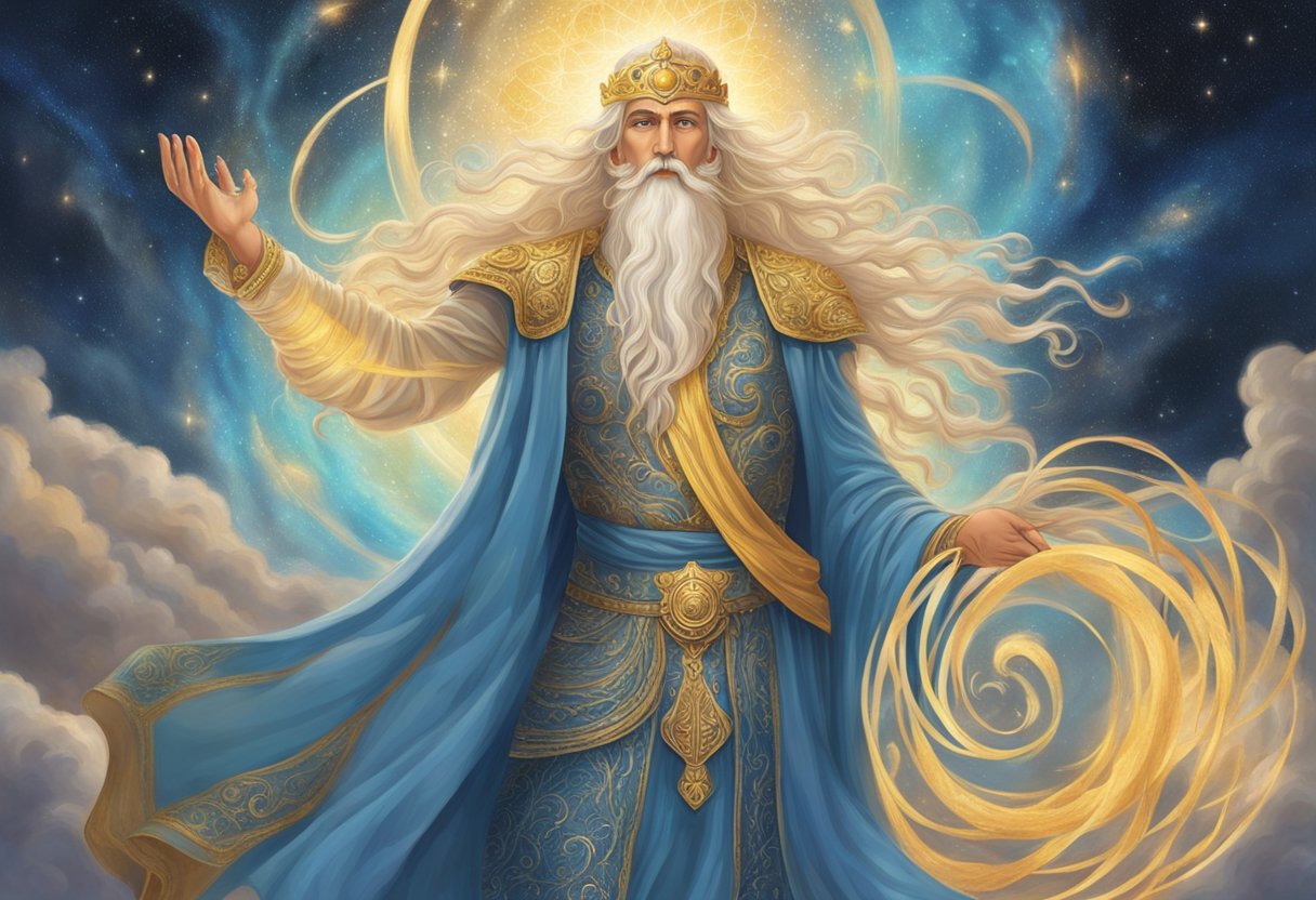 Eru Ilúvatar: A radiant, celestial figure hovers above a swirling cosmos, emanating a sense of divine power and wisdom