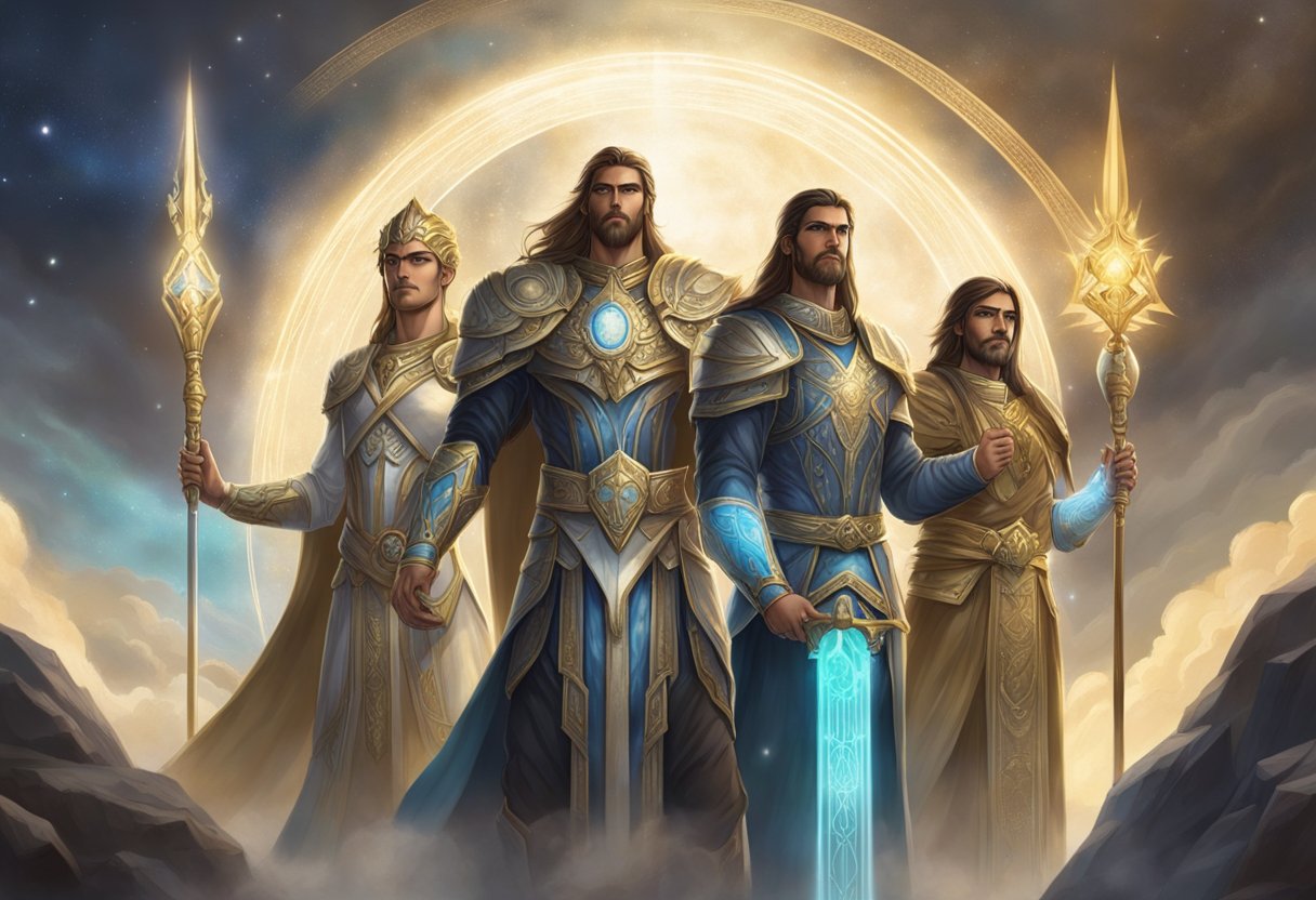 Eru's divine agents, the Valar and Maiar, stand in a celestial realm, radiating power and wisdom as they carry out their duties