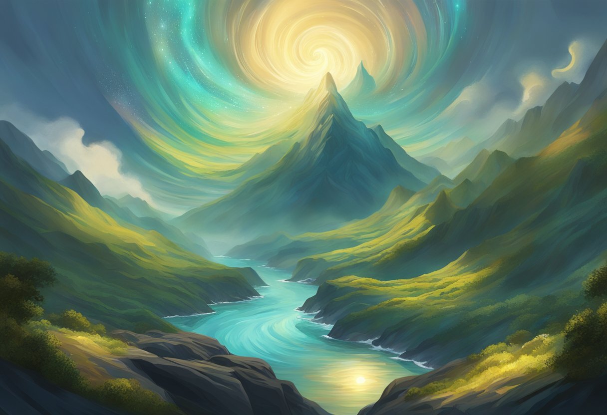 Eru shapes Arda from a swirling mass of light and darkness, weaving mountains, seas, and forests with a celestial touch