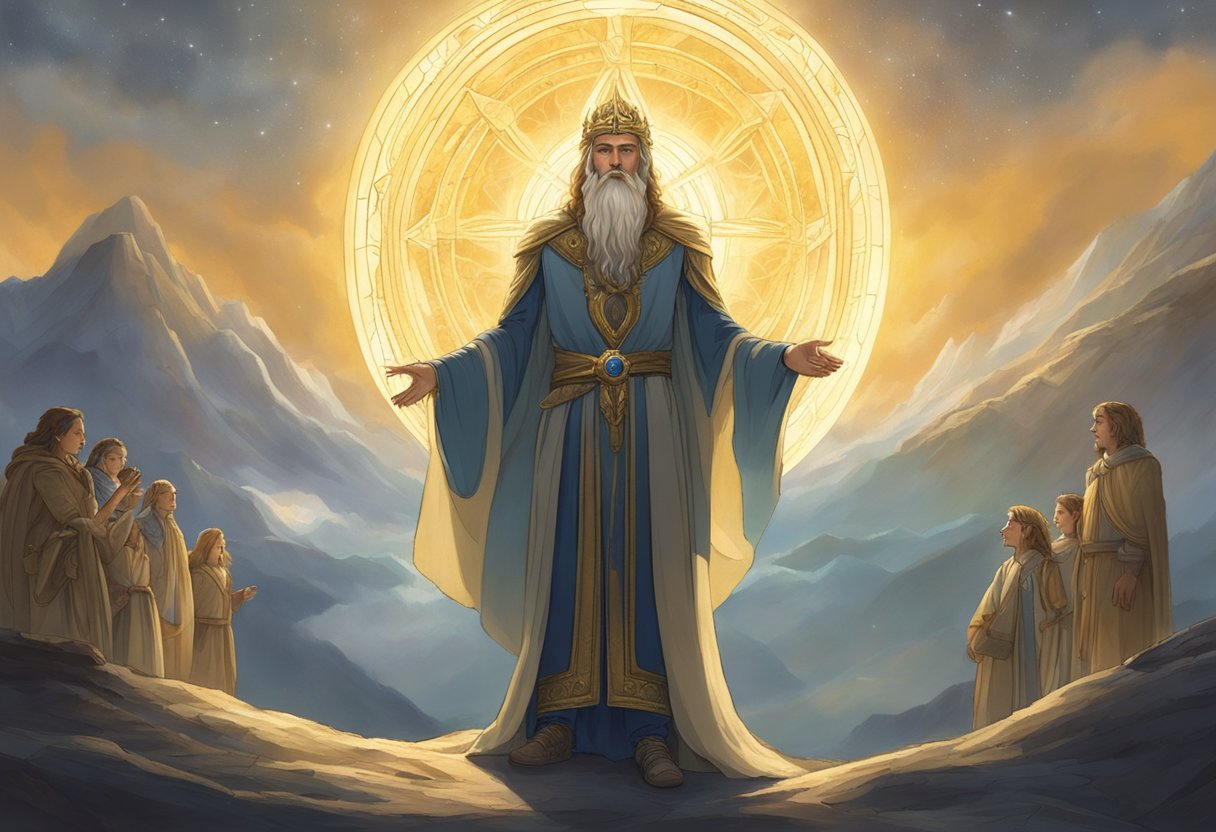 Eru, in the form of a radiant figure, bestows life upon the Children of Ilúvatar in a celestial setting