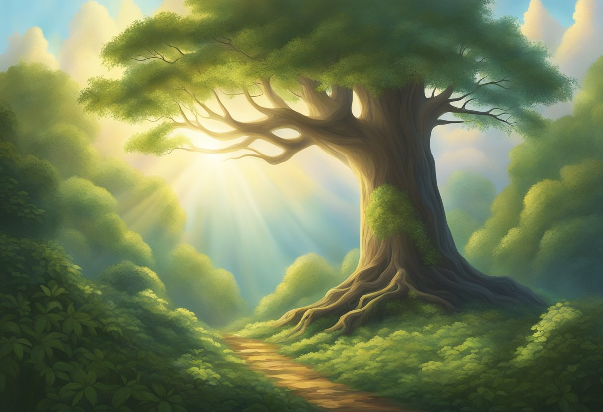 A majestic tree stands tall in the center of a lush forest, its branches reaching towards the sky as beams of light filter through the leaves, creating a sense of divine presence