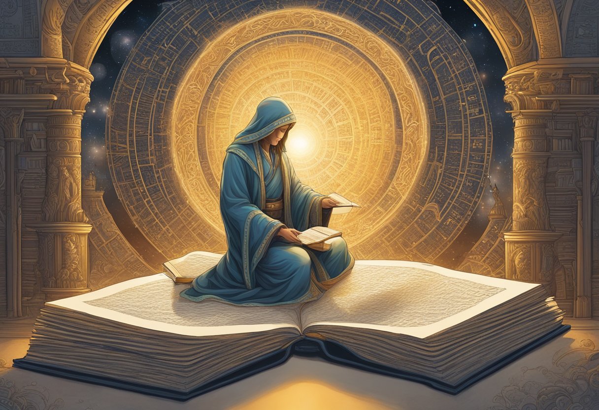 A glowing figure emerges from a book, surrounded by swirling symbols and ancient texts, as if brought to life by the words on the page