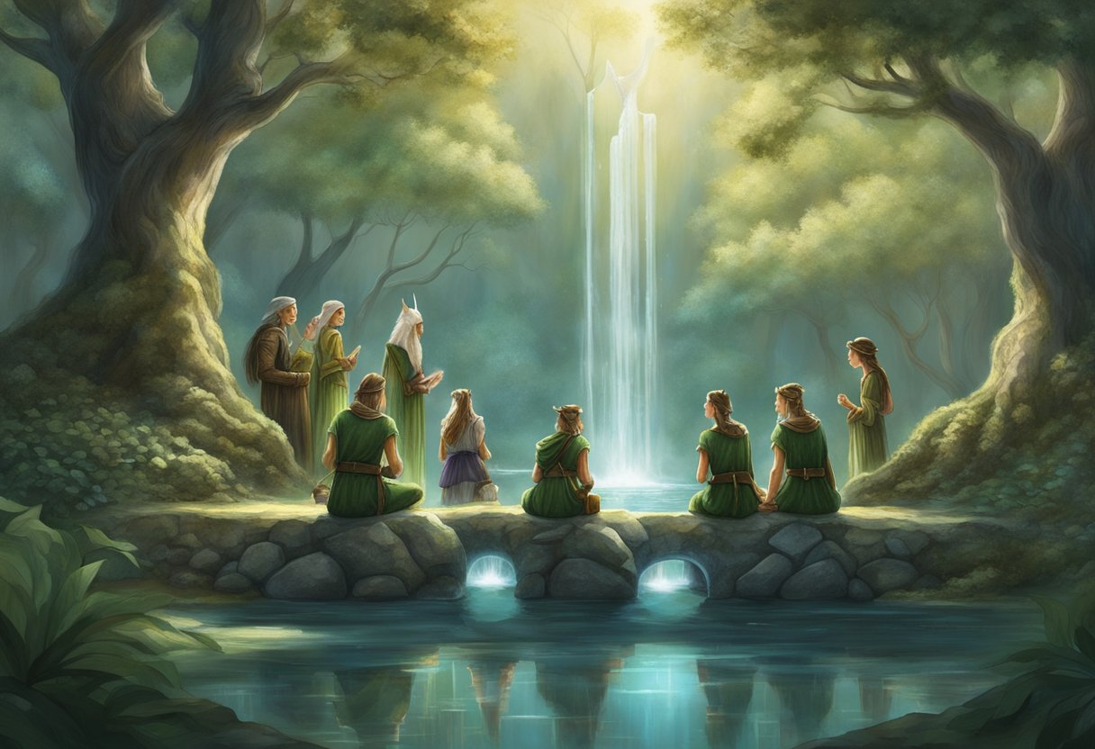 A group of elves gather around a shimmering fountain, their ageless faces reflecting the wisdom of centuries past. The ancient trees stand tall, whispering secrets to the timeless beings