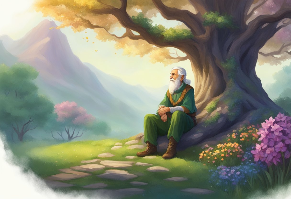 An elderly elf sitting under a majestic tree, surrounded by lush greenery and colorful flowers, gazing into the distance with a serene and timeless expression