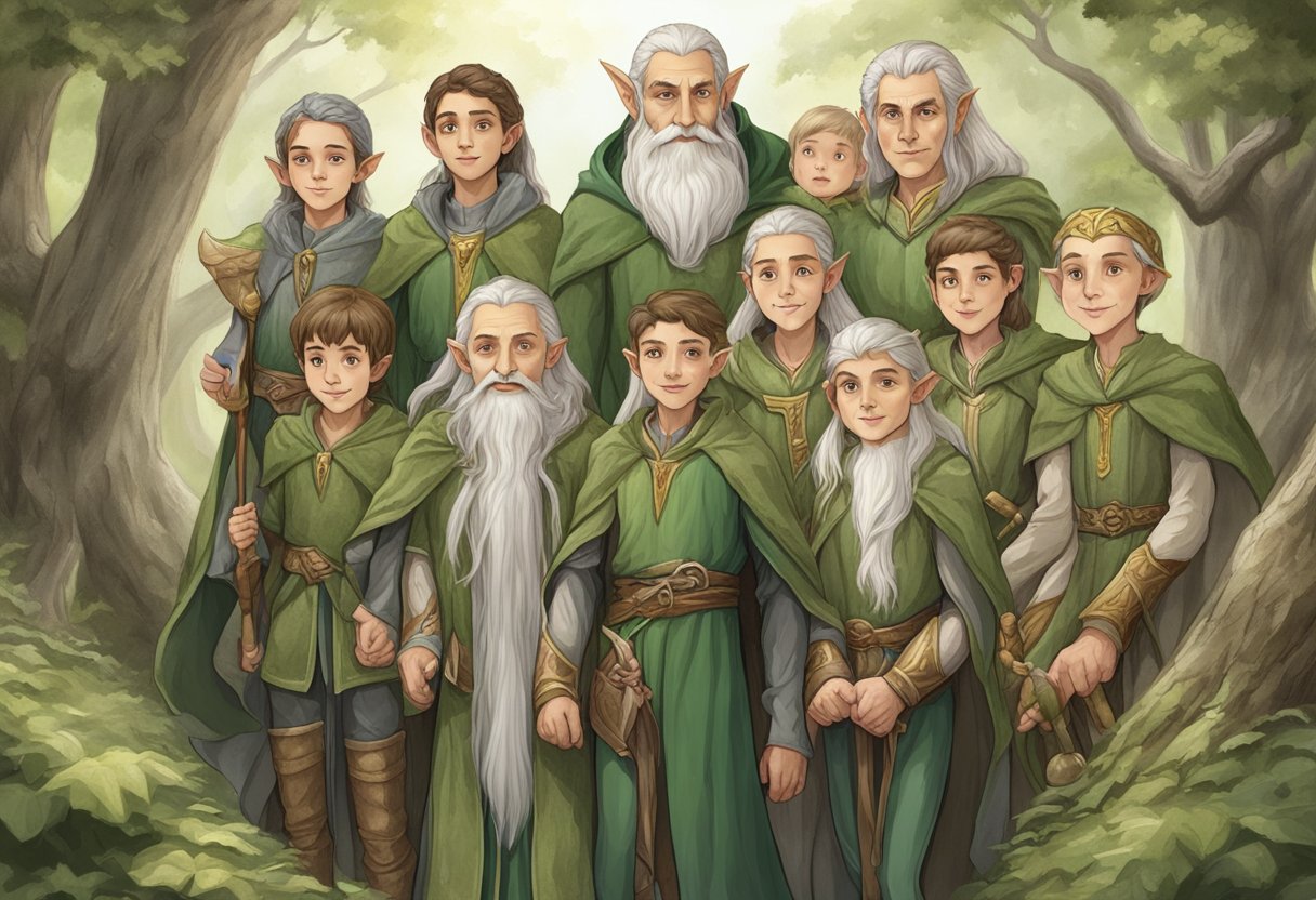 An elder elf surrounded by young elves, each representing different stages of life from childhood to old age