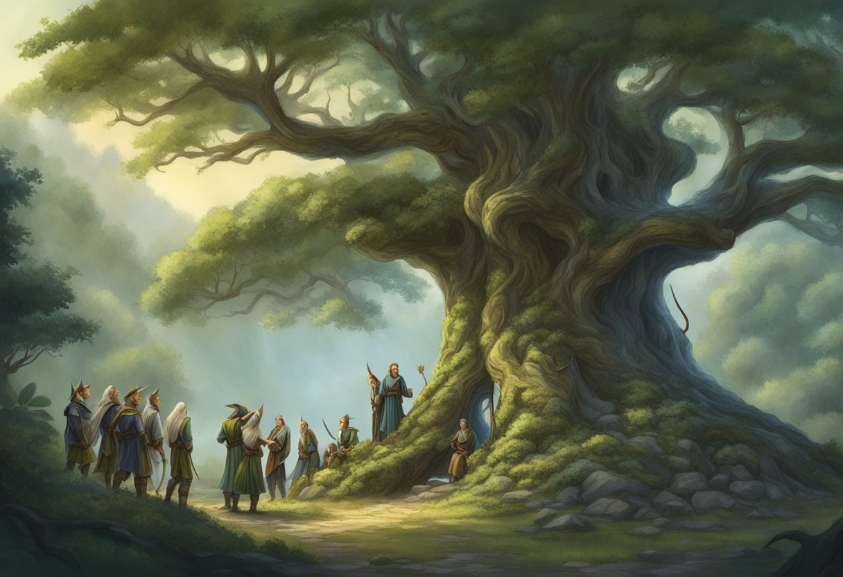 A group of elves gather around an ancient tree, their long lives evident in their graceful movements and wise expressions