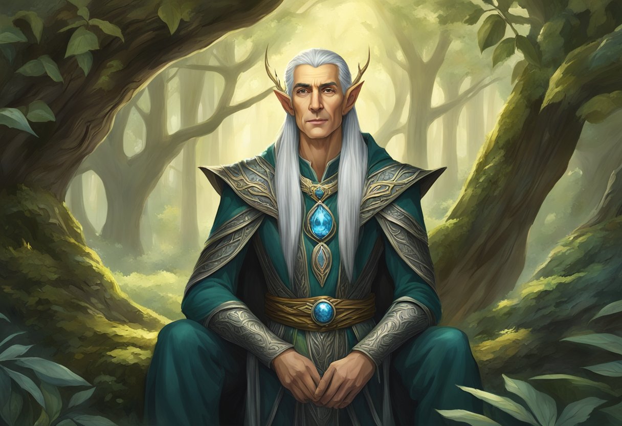 An elder elf surrounded by ancient trees, crafting intricate jewelry with a serene expression, symbolizing the longevity and craftsmanship of elven society