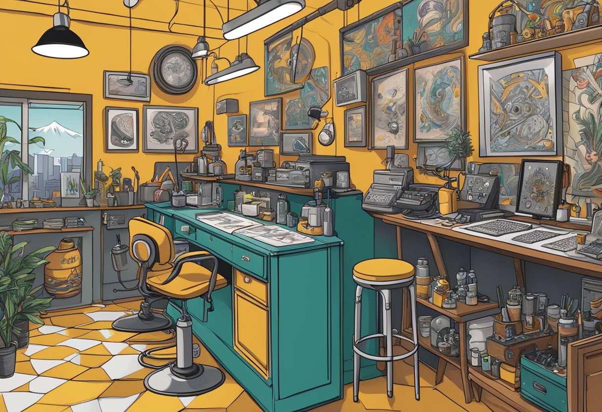 Um estúdio de tatuagem movimentado no centro de Curitiba, com artistas trabalhando e clientes discutindo ideias de design. Folhas de flash coloridas adornam as paredes, e o som das máquinas de tatuagem zumbindo preenche o ar.