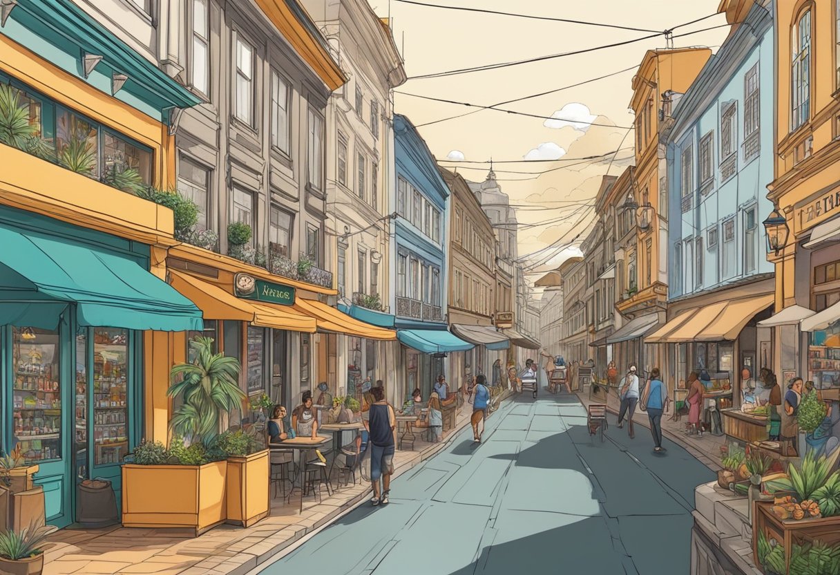 Uma rua movimentada no centro de Curitiba, com um estúdio de tatuagem vibrante localizado entre outras lojas e cafés ecléticos.